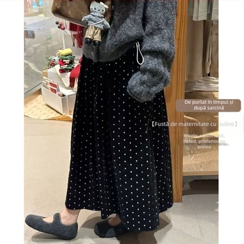 Fustă pentru gravide, toamnă-iarnă, stil franuz retro, talie înaltă, corduroy gros, croială A, lungime midi, cu buline