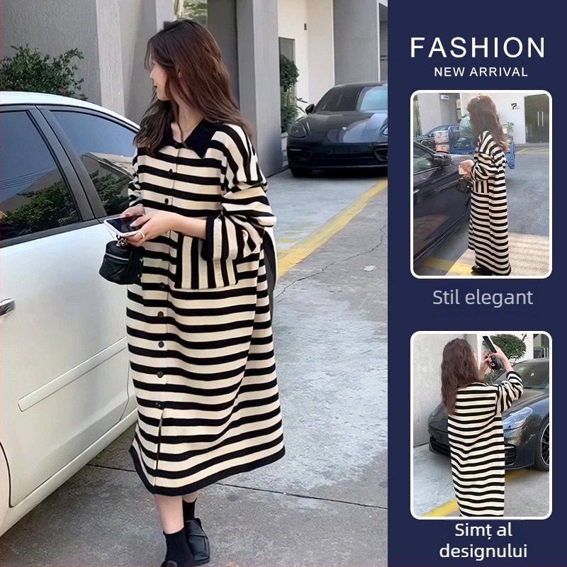 rochie de maternitate tricotată, cu dungi, guler mic, mâneci lungi, croială sirena, stil cardigan