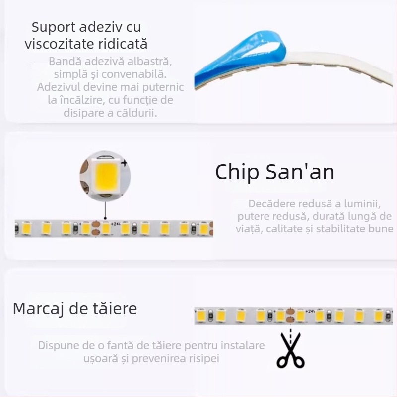 Bandă LED 24V 5m, autoadezivă, 120 LED, fără pâlpâire, iluminare ambientală interioară prietenoasă cu ochii, cu controler inteligent (2700K–6500K)