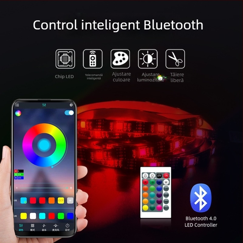 Set bandă LED 5V RGB 5050, impermeabil, USB, telecomandă de 24 de taste, muzică și Bluetooth, iluminare ambientală pentru televizor