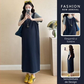 Rochie de maternitate de vară, stil coreean, mărime plus, croială lejeră, patchwork, mâneci scurte, rochie T‑shirt cu aspect de două piese