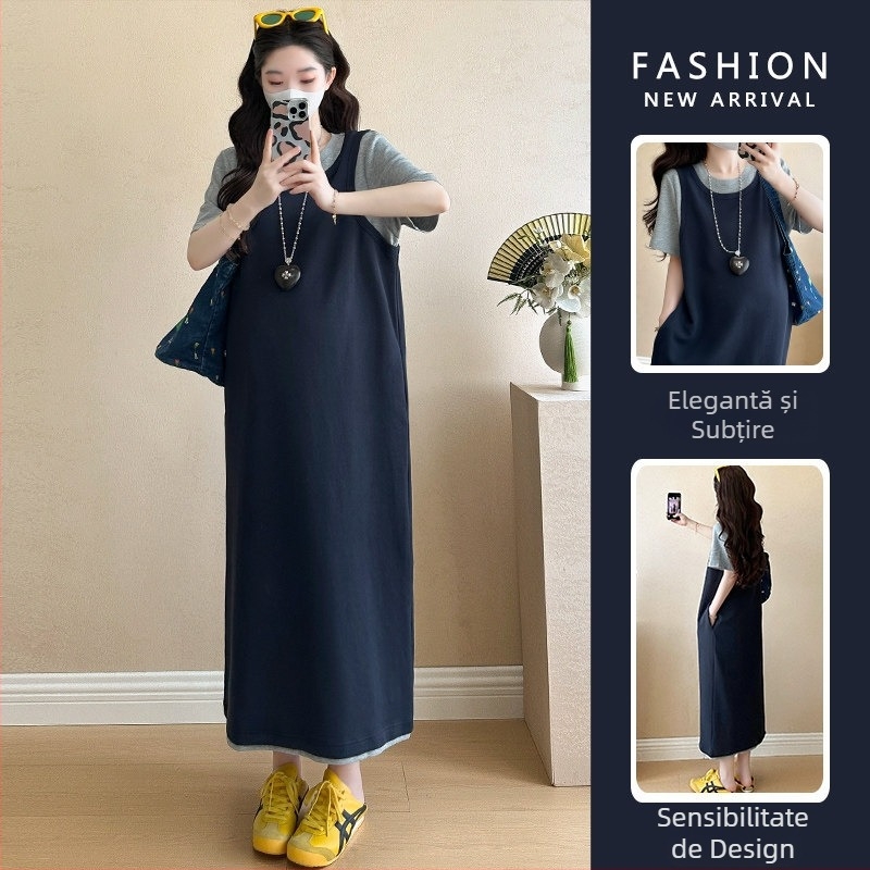 Rochie de maternitate de vară, stil coreean, mărime plus, croială lejeră, patchwork, mâneci scurte, rochie T‑shirt cu aspect de două piese