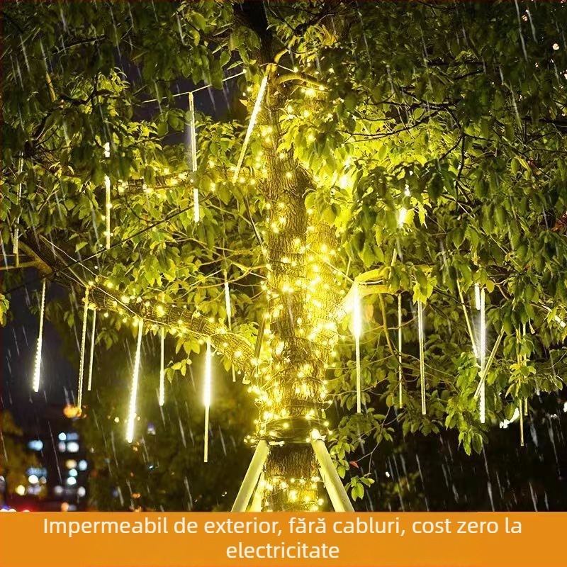 Lumini solare suspendate pentru copac, exterior, cu benzi LED, efect ploaie de meteori, iluminat peisaj multicolor