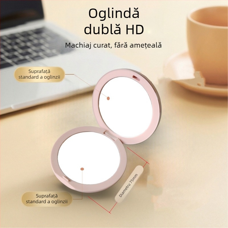 Oglindă rotundă, dublu față, pliabilă, cu capac – oglindă de călătorie pentru machiaj, portabilă, finisaj PU din piele