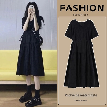 Rochie de maternitate vară 2024 – Rochie midi cu decolteu în V, mâneci scurte, material bumbac-poliester, culoare solidă
