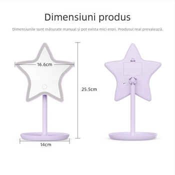 Oglindă de machiaj cu LED, în formă de stea cu cinci colțuri, reglaj continuu al luminii, oglindă de birou, mov