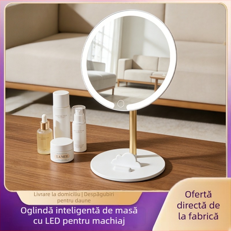 Oglindă de machiaj cu LED, portabilă, rotativă pentru masă, formă rotundă, de lux