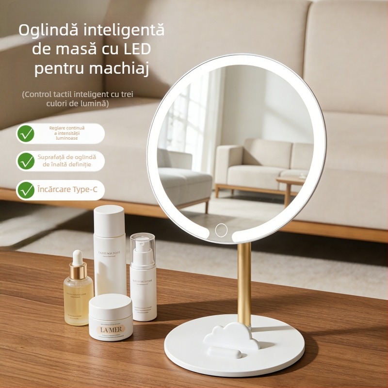 Oglindă de machiaj cu LED, portabilă, rotativă pentru masă, formă rotundă, de lux