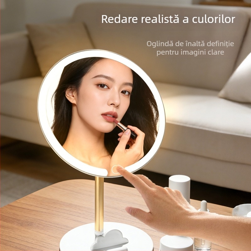 Oglindă de machiaj cu LED, portabilă, rotativă pentru masă, formă rotundă, de lux