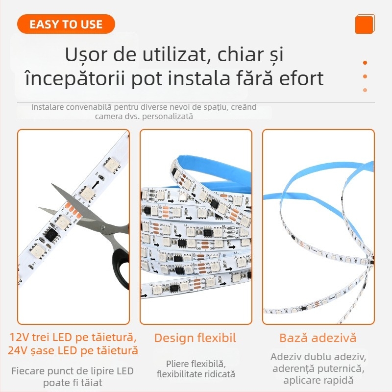Bandă LED RGB cu IC extern pentru schimbare de culoare, 12V/24V, bandă neagră încadrată, iluminare ambientală pentru spații
