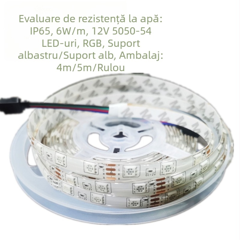 Bandă LED RGB 12V, 54 LED-uri 5050, acoperire epoxidică, PCB negru, capăt dublu cu adeziv alb pe spate, set de schimbare a culorilor