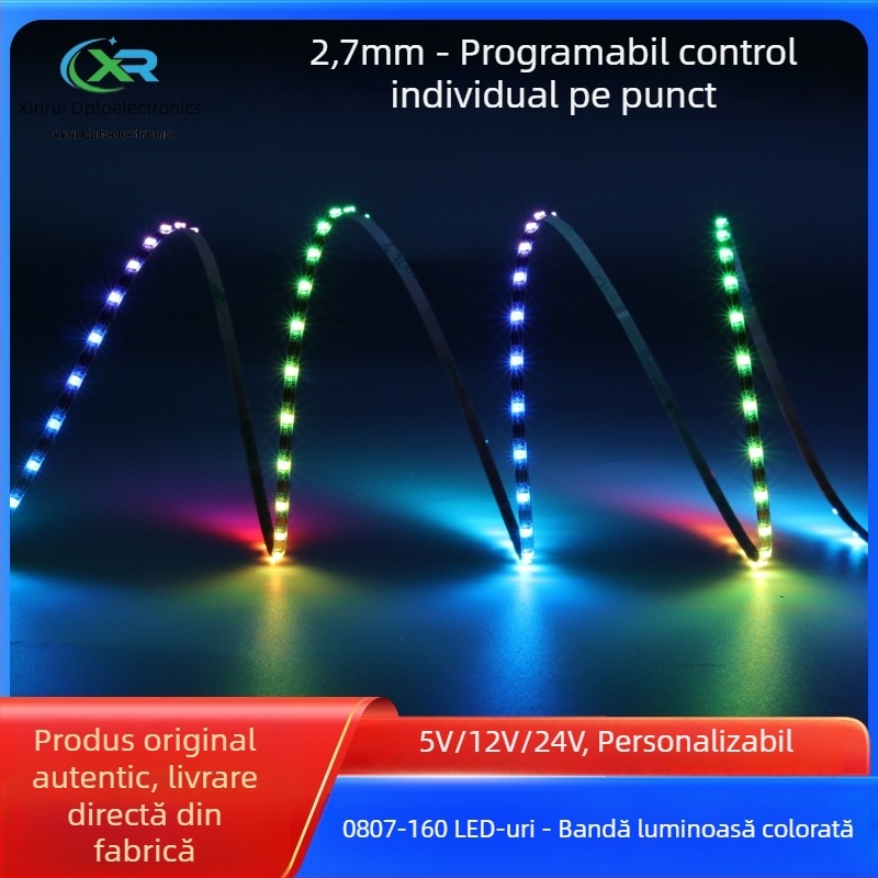 0807 bandă LED RGB Fantomă, 12V, lățime îngustă de 2,7 mm, 160 LED, control la un singur punct, IC programabil pentru iluminare ambientală