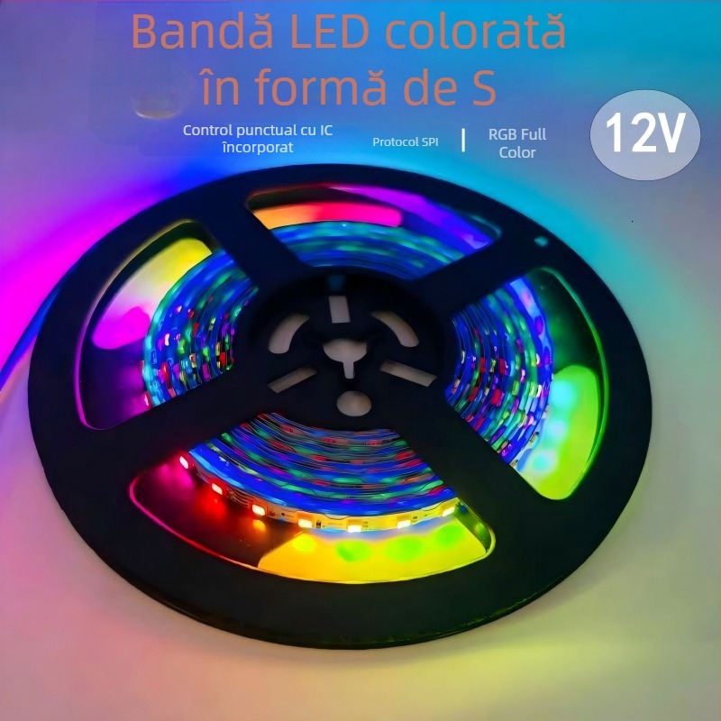 Bandă LED flexibilă în formă de S, 12V, 60 LED, RGB, lățime 7 mm, reglabilă, cu controler, 9W, 30.000 ore de viață, 10 m lungime, pentru panouri luminoase de reclamă și litere iluminate, cu funcție de reluare după întrerupere