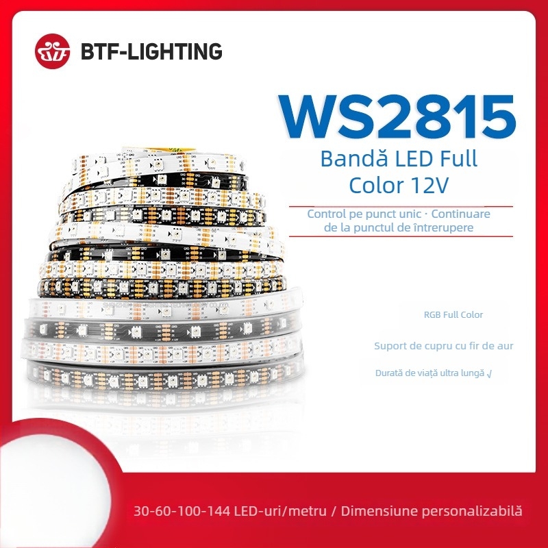 Bandă LED 5050 RGB cu cip WS2815 încorporat, adresabilă, culoare completă, 12V