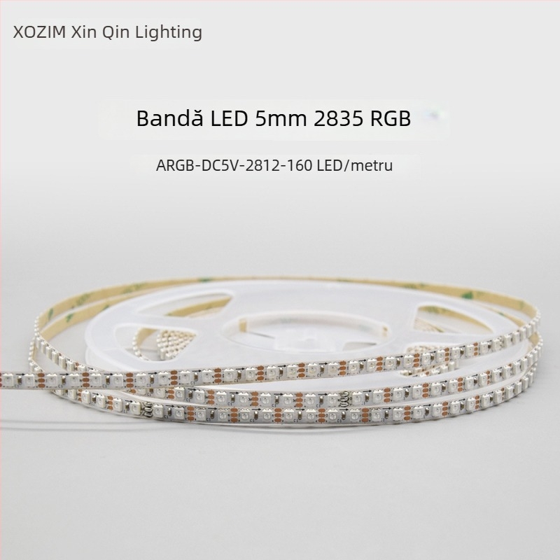 Bandă LED RGB color, 160 LEDuri (2835, 5V), lungime 1000 mm, lăţime 5 mm, fascicul 120°, reglabilă, certificat CE, Nu este impermeabilă, Seria: Accent Colorate, Marca: XQZM