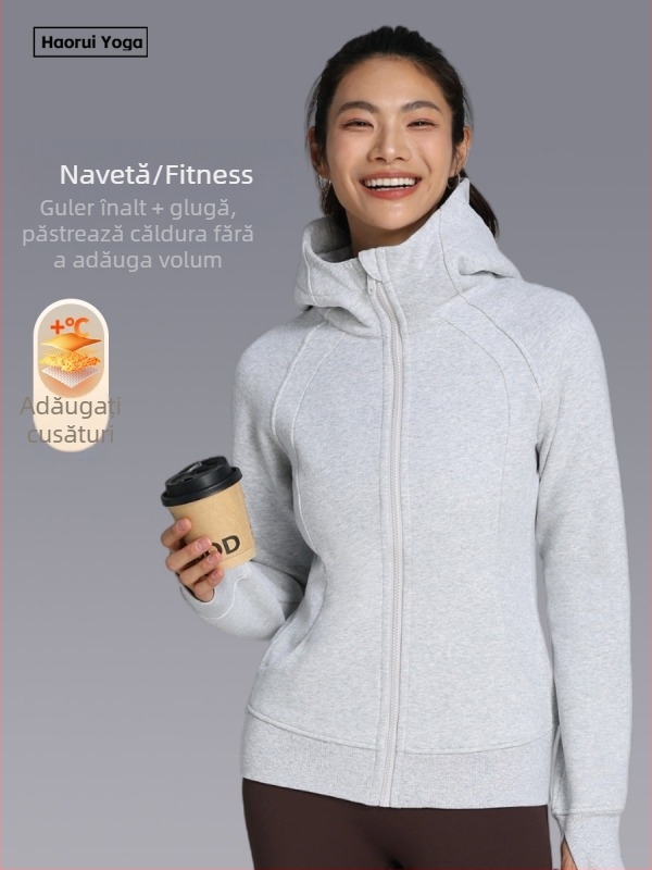 Geacă sport cu glugă pentru yoga, iarnă, mâneci lungi, croială slim-fit, căptușită cu fleece, fermoar