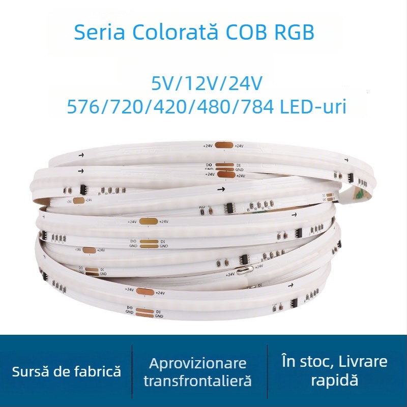 Bandă LED COB RGB – RGBWW patru în unu, 5V/12V/24V, 576 LED-uri, fascicul 150°, reglabilă, viață 50.000 h, decor atmosferic