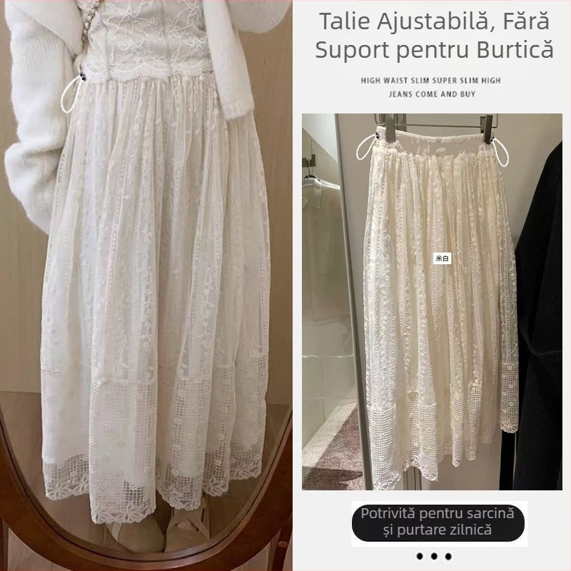 Fustă midi de maternitate cu broderie jacquard din dantelă, reglabilă, primăvara 2026