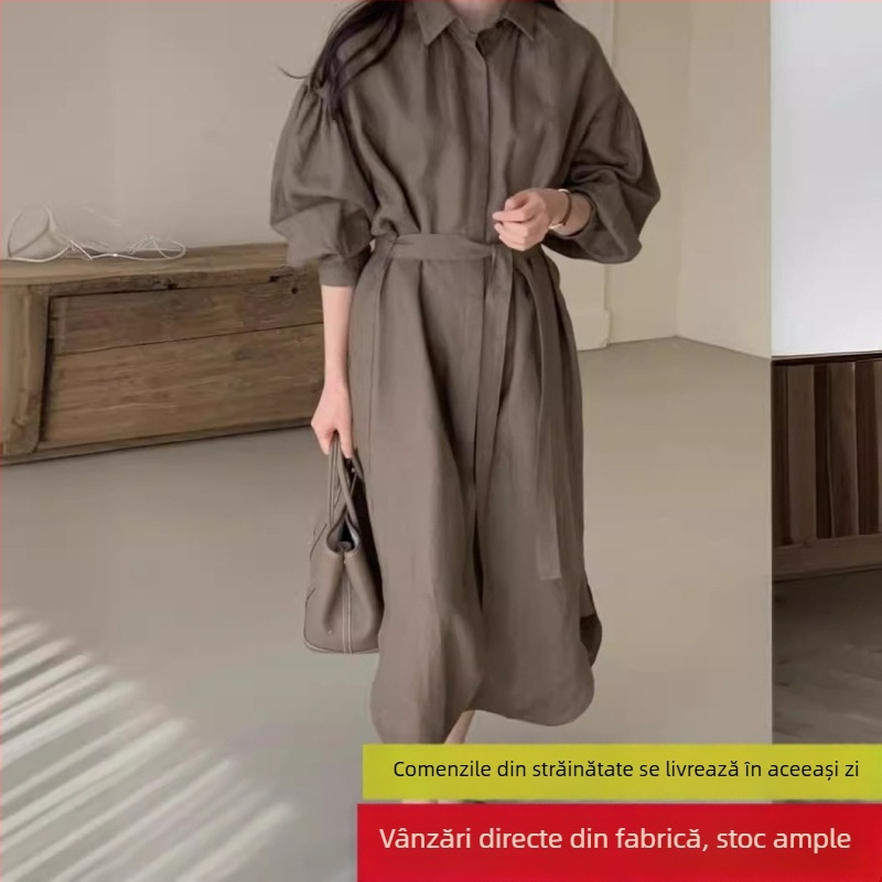 Chic japonezo-coreean 2026 primăvară-vară, rochie vintage cu cordon la talie pentru subțierea siluetei, mâneci tip felinar, lungă peste genunchi, cu mâneci lungi