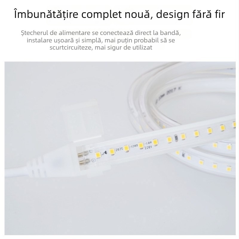 Bandă LED cu acoperire vulcanizată, 220V, 2835, 120 LEDuri, 60 LED/m, 4000K alb neutru, luminozitate ridicată, neimpermeabilă