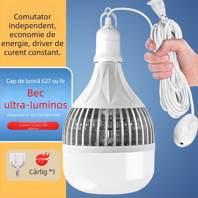 Lampă LED pentru uz casnic, cu cablu, soclu E27, economisire de energie, lampă de exterior ultra-lumină, cu întrerupător