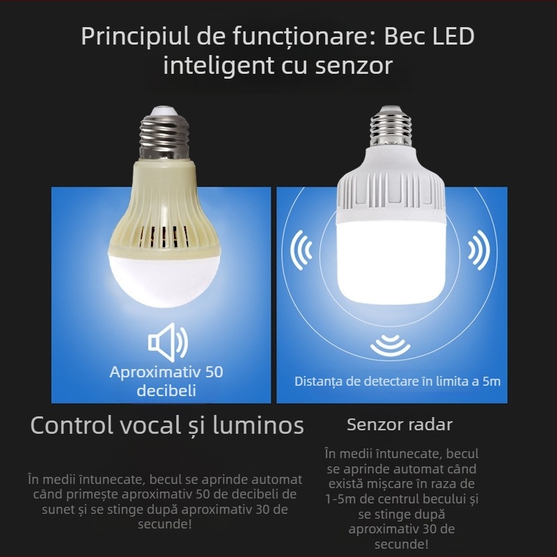 Bec LED cu senzor de mișcare infraroșu pentru scări și hol, soclu E27, senzor radar, economisire a energiei.