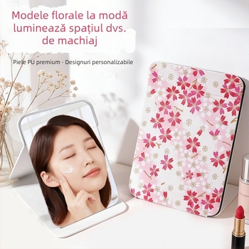 Oglindă de machiaj pliabilă, oglindă de birou pentru femei cu suport, portabilă, din piele PU