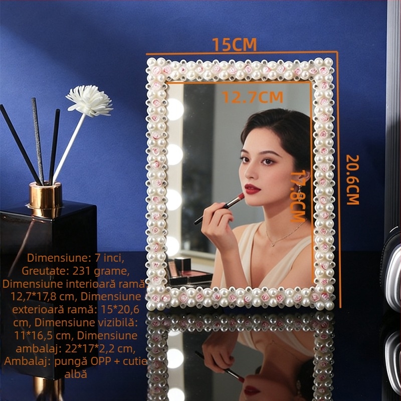 Oglindă de machiaj cu perle și diamante pentru birou, oglindă de masă decorativă pentru dormitor
