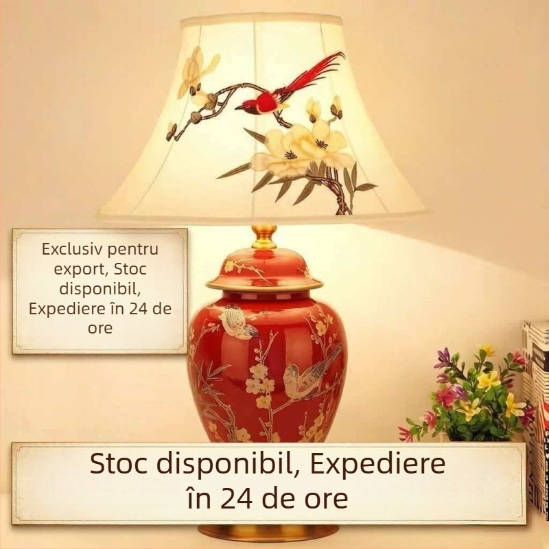 Lampă de masă din ceramică, stil vintage european pentru living sau dormitor, veioză de noptiere, reglare a intensității prin telecomandă.