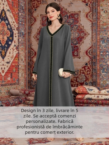Rochie maxi elegantă cu decolteu în V, broderie, croială lejeră, la comandă