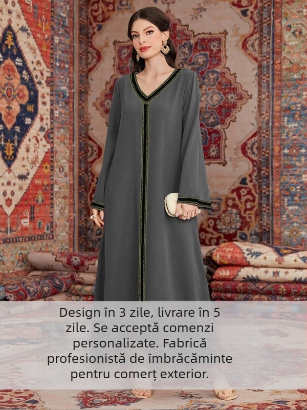 Rochie maxi elegantă cu decolteu în V, broderie, croială lejeră, la comandă