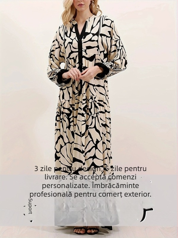 Rochie neagră lungă cu imprimeu, elegantă și nobilă, moale și confortabilă, croială lejeră