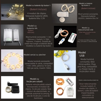 Șir cu fir de cupru, alimentat cu baterii, lumini colorate mici, iluminare ambientală decorativă, bandă de lumini cu efect cer înstelat, potrivit pentru petreceri