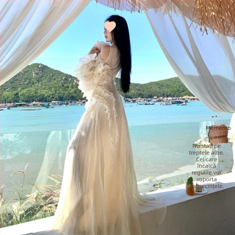 Rochie inspirată de zeița grecă, decolteu la umăr, mâneci bufante lungi, croială slim, tren, pentru întâlniri, vacanțe și ședințe foto