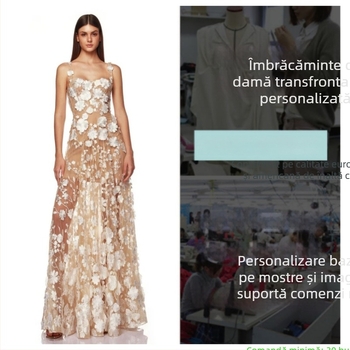 Rochie de seară franțuzească pentru socialite, organza cu broderie 3D înflorită, bretele subțiri, lungime midi
