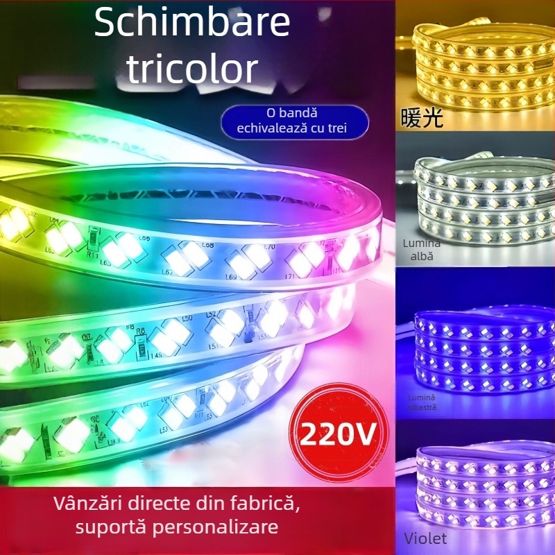 Bandă LED 220V cu trei culori, ultra-luminoasă pentru ambient în living, rezistentă la apă, bandă pentru tavan cu schimbare de culoare