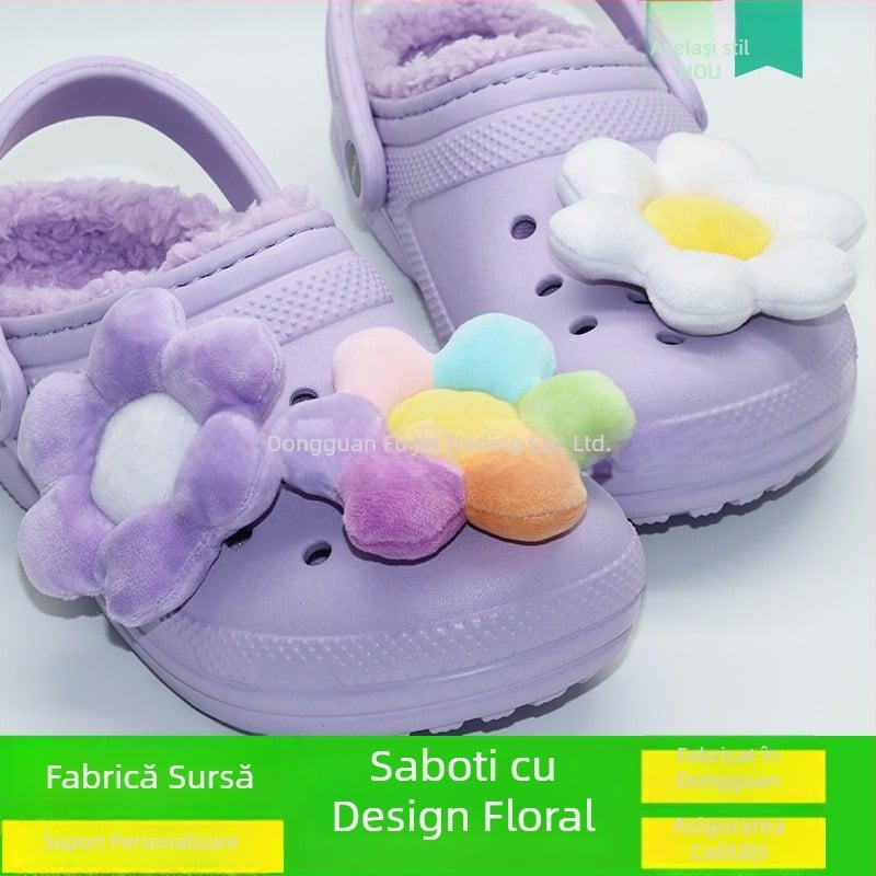 Accesorii Crocs: floare din pluș și flori desenate pentru catarame