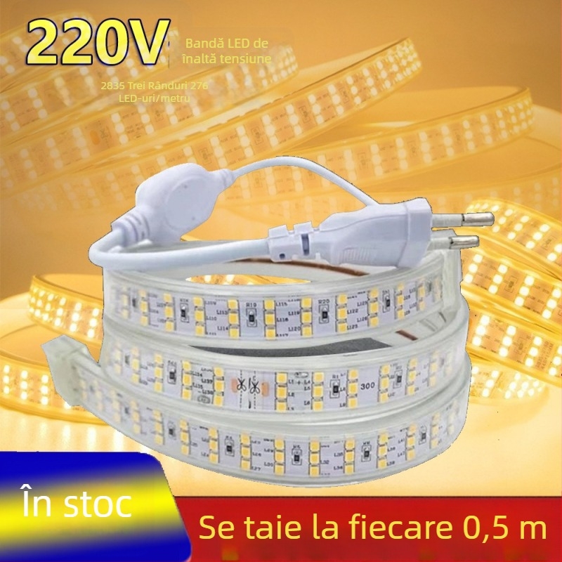 Bandă LED exterioară 220V, ultra-luminantă 2835 SMD, trei rânduri, 276 LED/m, pentru decorul casei, living și tavan