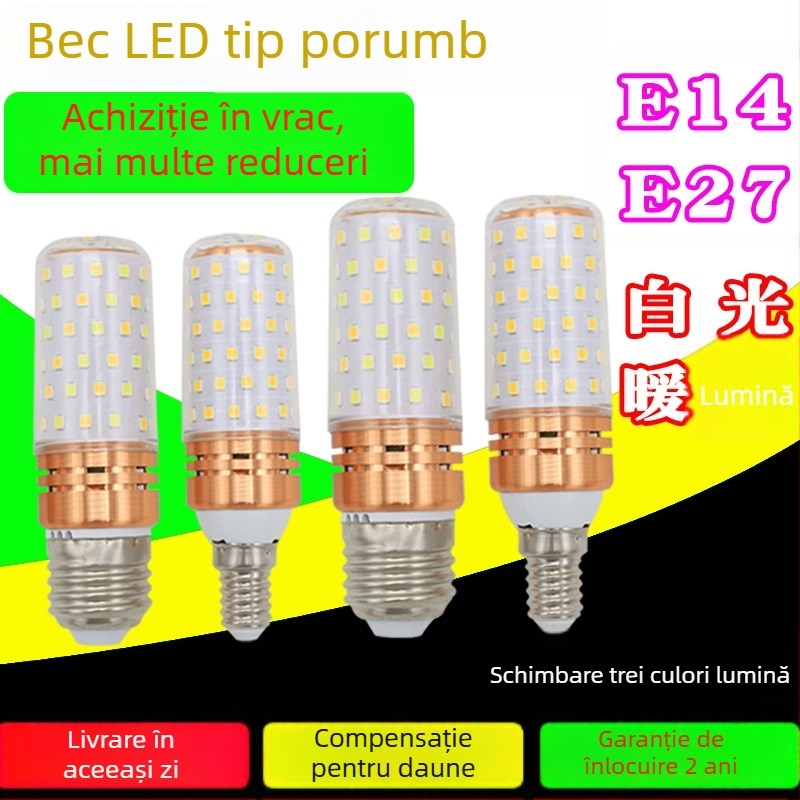 Bec LED de porumb 12W, lumină în trei culori, bază E14/E27, 1600 lm, fascicul de 360°