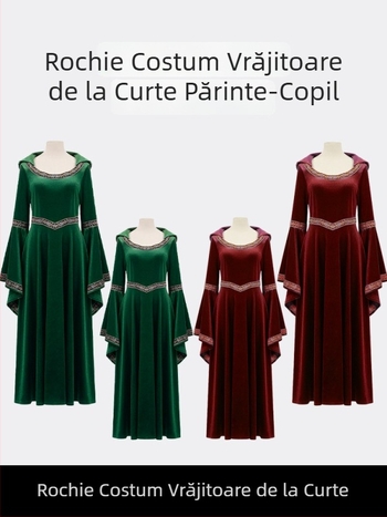 Rochie medievală și victoriană pentru o vrăjitoare de curte, în nuanțe verzi vintage și vin roșu