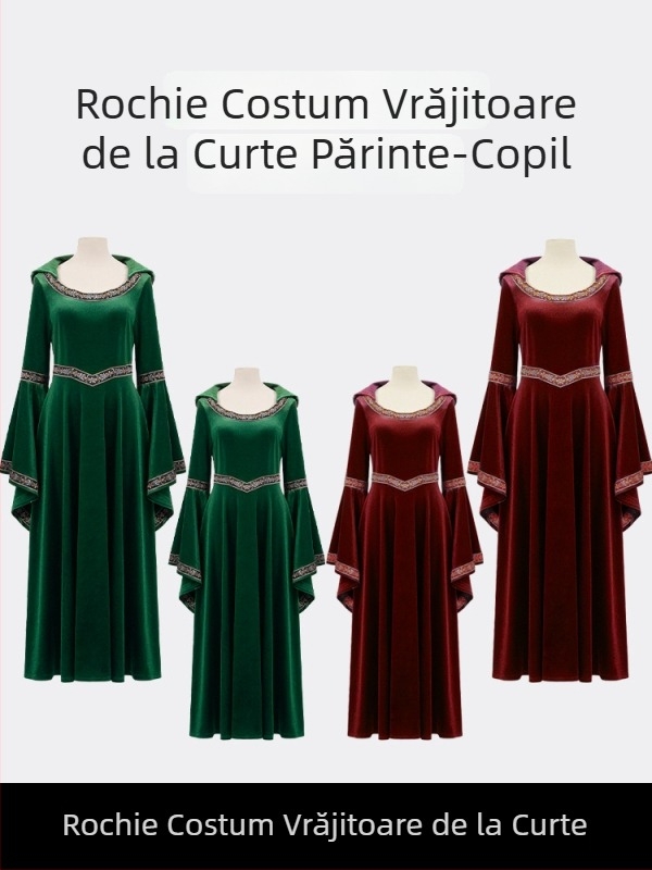 Rochie medievală și victoriană pentru o vrăjitoare de curte, în nuanțe verzi vintage și vin roșu