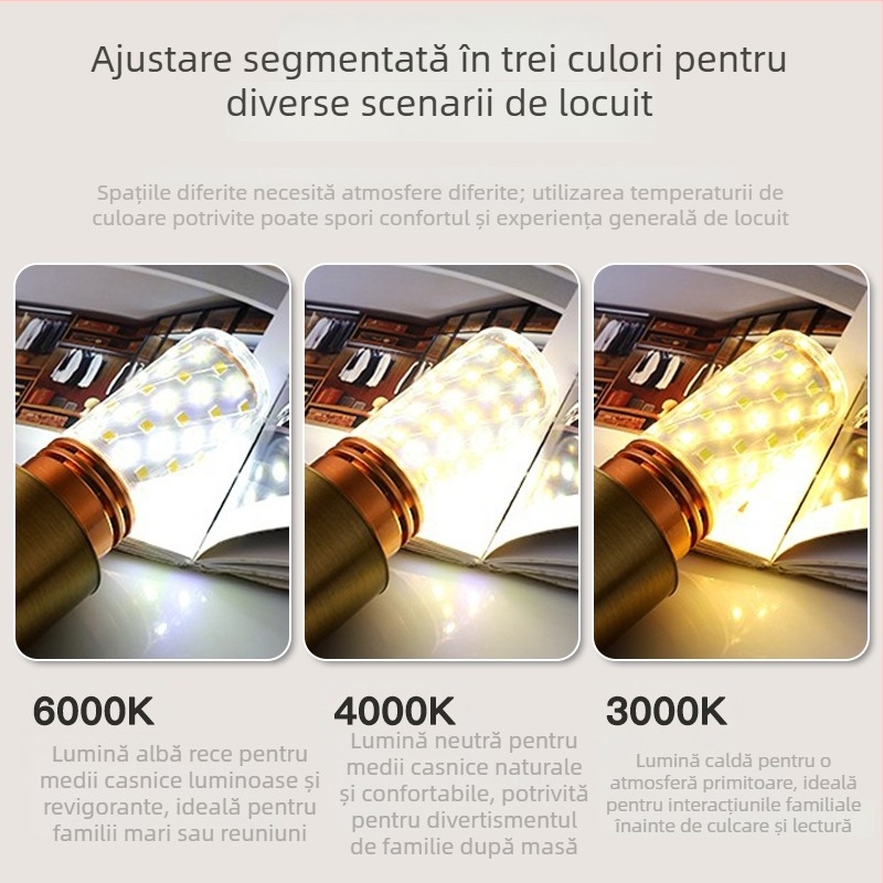 Bec LED tip porumb, bază E14, trei temperaturi de culoare (3000–6000K), 90 lm, aluminiu, IP68, veioză suspendată