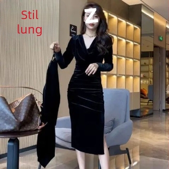 Rochie de damă din catifea neagră, cu mâneci lungi, croială slim, lungime medie, talie accentuată, toamnă-iarnă 2025