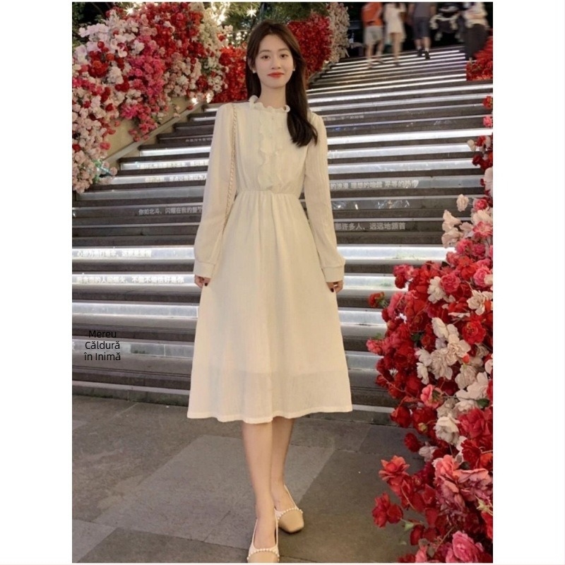 Rochie elegantă în stil franțuzesc pentru femei de mică înălțime, mâneci lungi, chiffon, lux discret