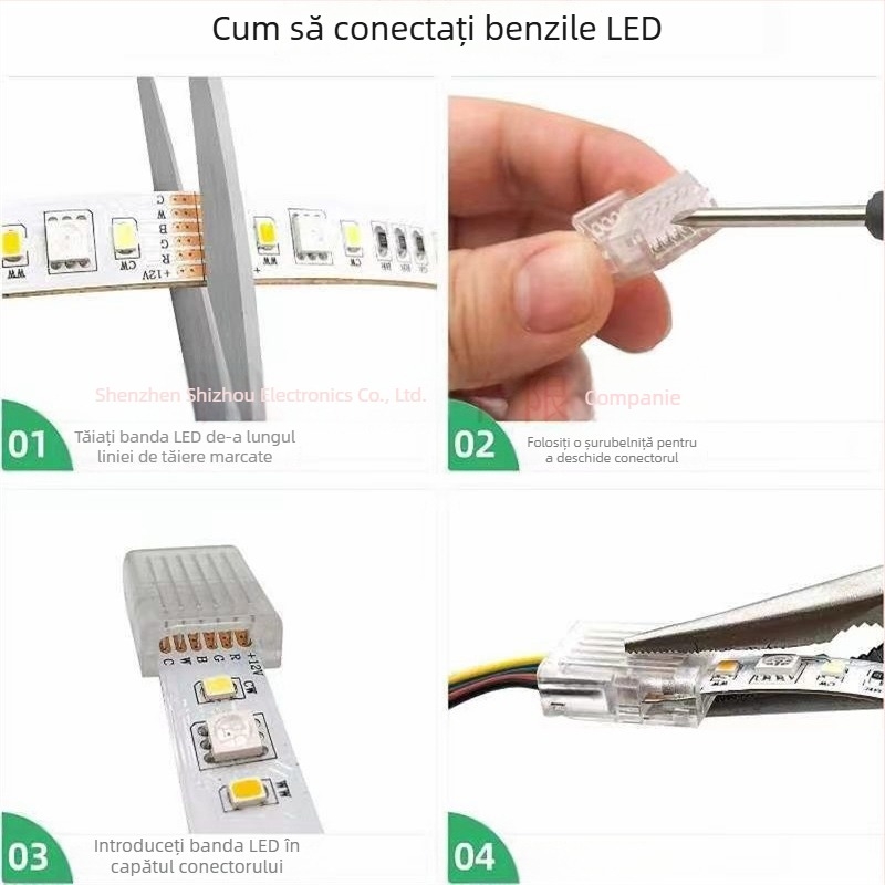 Conector cristal pentru bandă LED RGBWCCT, fără sudură, 6 pini, 12 mm, conectare rapidă