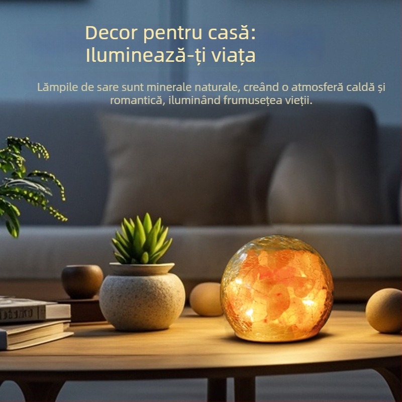 Lampă de sare din Himalaya, cu sticlă crăpată ca gheața și cristale florale, lampă de noapte