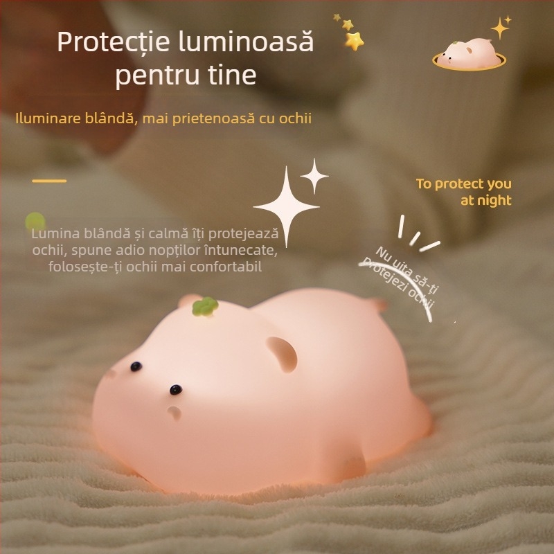 Lampă de noapte din silicon cu hipopotam, control tactil, încărcare lângă pat, cadou