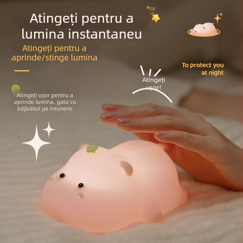Lampă de noapte din silicon cu hipopotam, control tactil, încărcare lângă pat, cadou