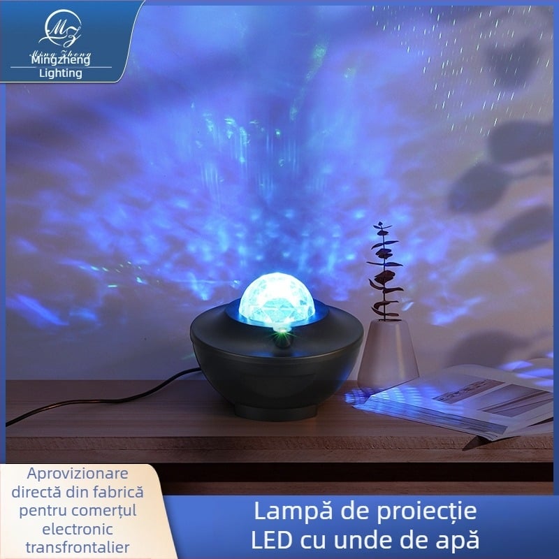 Lampă de proiecție stelară cu efect de valuri de apă, lampă decorativă de masă, rotativă, alimentare cu baterie, Bluetooth și control prin aplicație