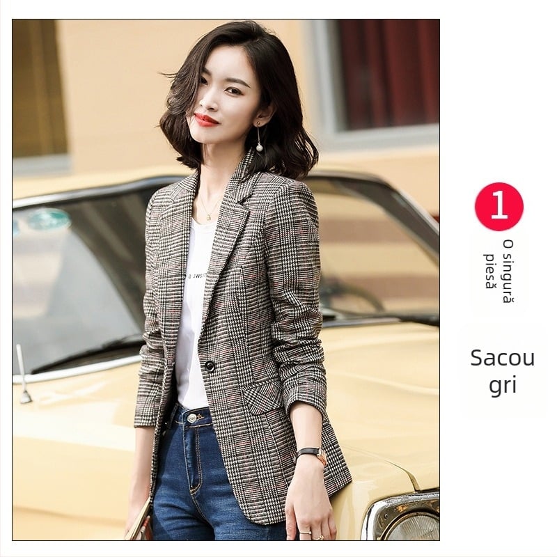 Blazer dama în carouri – stil coreean, inspirație britanică, toamnă și iarnă, casual retro cu aer Hong Kong